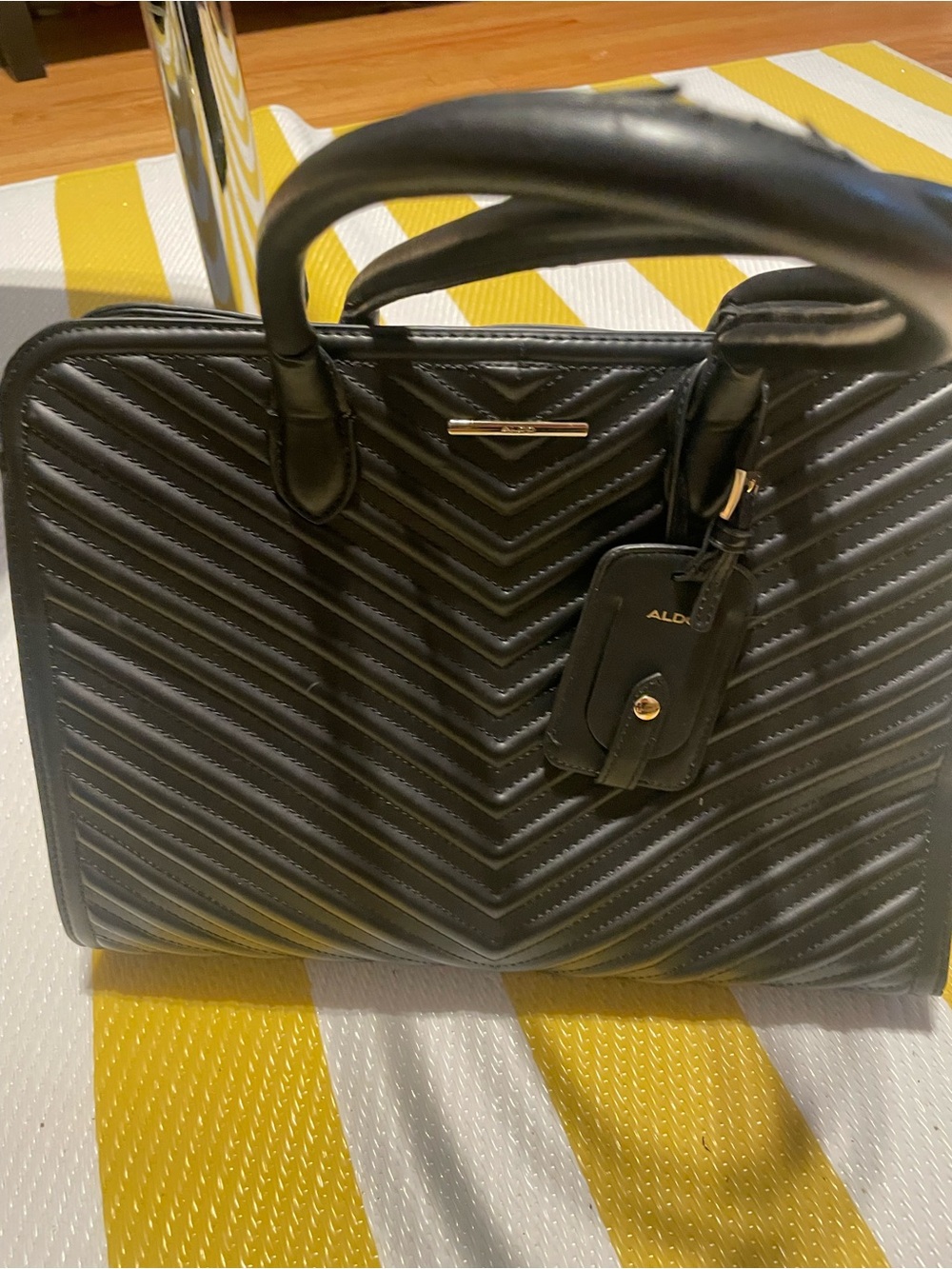 ALDO Black Quilted Chevron Tote with Luggage Tag